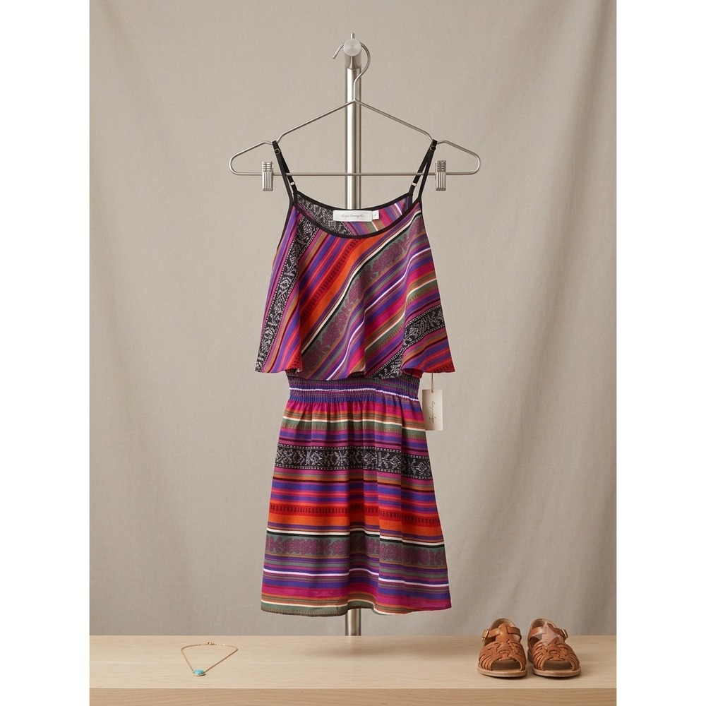 Hayden Los Angeles Tribal Stripe Flounce Mini Dress Open Back Smocked Multi XS